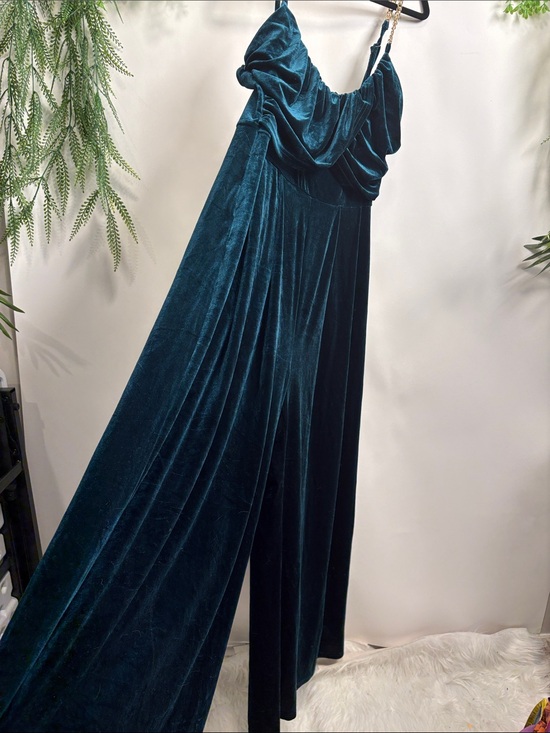 Cider Pants - Cider Teal Velvet Draped Wide-Leg Jumpsuit